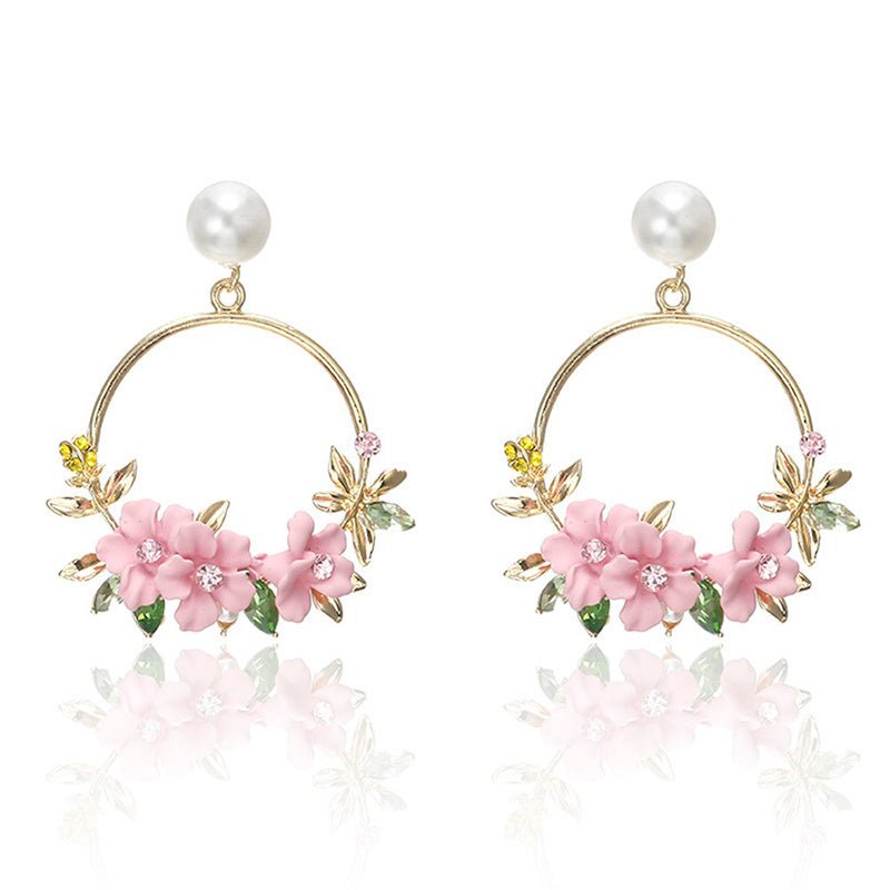 Pearl Flower Earrings Pink Flower-Jewearrings