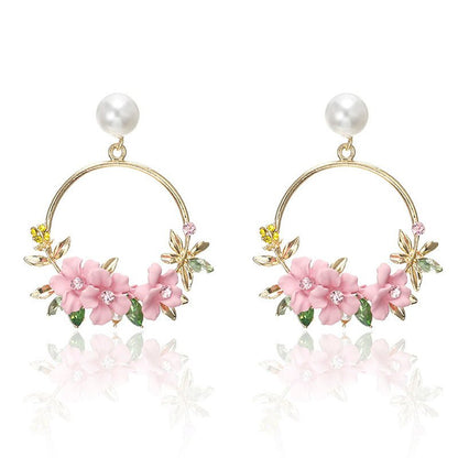 Pearl Flower Earrings Pink Flower-Jewearrings