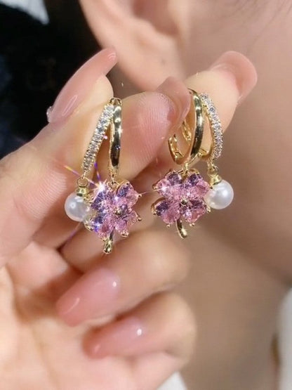 Pearl Flower Earrings Purple Crystal-Jewearrings