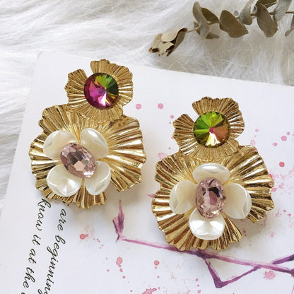 Pearl Flower Earrings Retro Alloy Earrings-Jewearrings