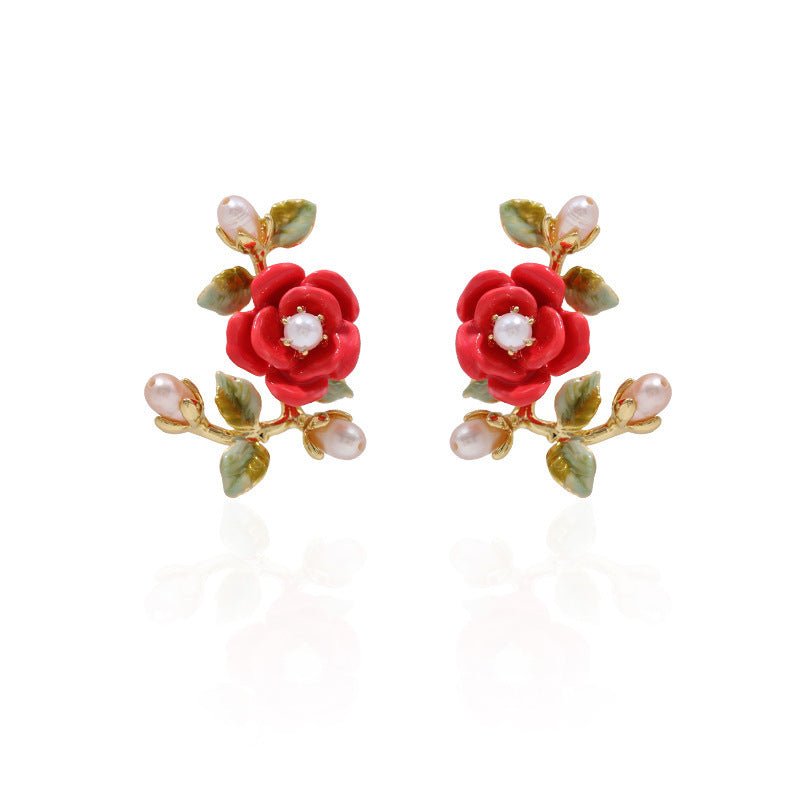 Pearl Flower Earrings - Rose Red-Jewearrings