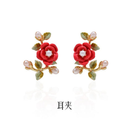 Pearl Flower Earrings - Rose Red-Jewearrings