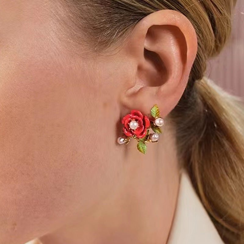 Pearl Flower Earrings - Rose Red-Jewearrings