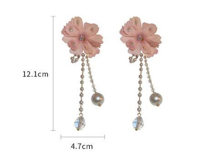 Pearl Flower Earrings Silver Crystal Tassel-Jewearrings