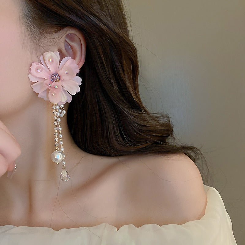 Pearl Flower Earrings Silver Crystal Tassel-Jewearrings