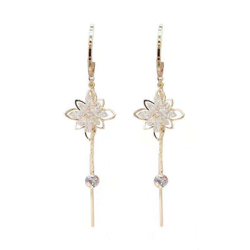 Pearl Flower Earrings Silver Needle Tassel-Jewearrings