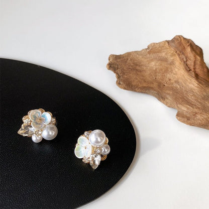 Pearl Flower Earrings Small Shell Studs-Jewearrings