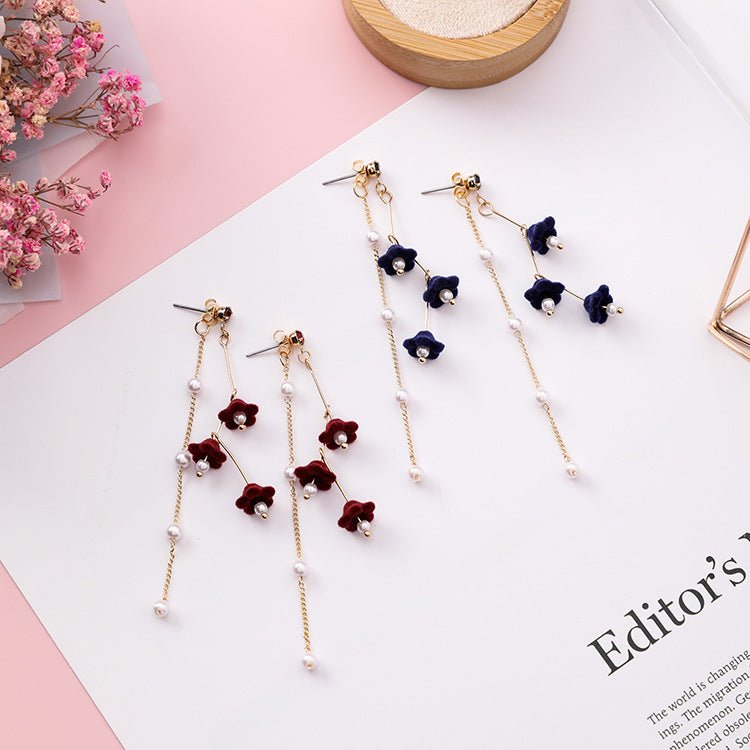 Pearl Flower Earrings Tassel Style-Jewearrings