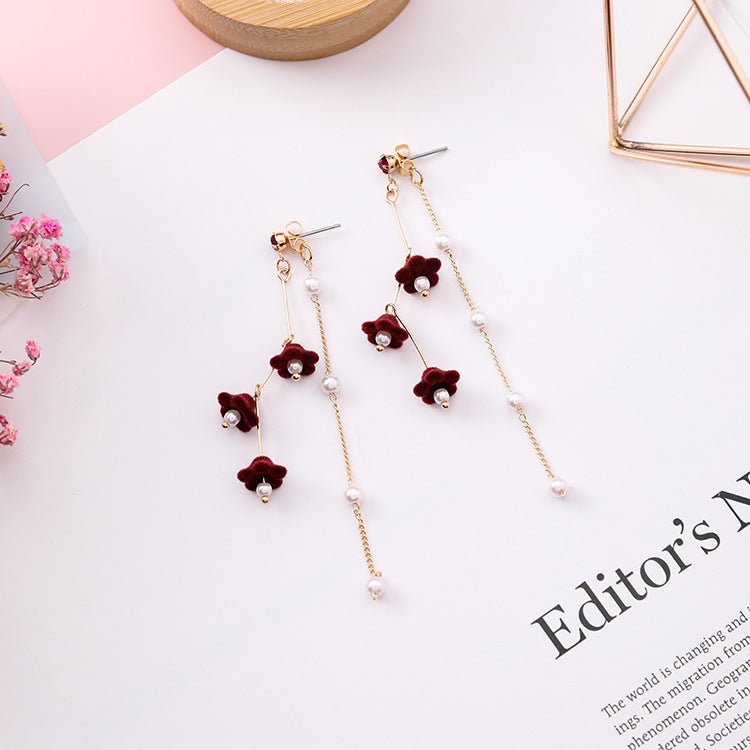 Pearl Flower Earrings Tassel Style-Jewearrings