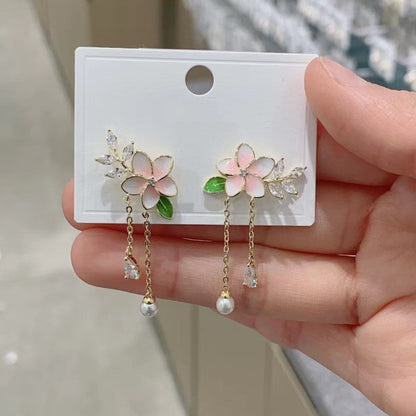 Pearl Flower Earrings Tassels-Jewearrings