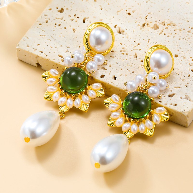 Pearl Flower Earrings Vintage Alloy Inlaid-Jewearrings