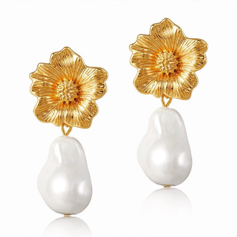 Pearl Flower Earrings Women's Baroque Pattern-Jewearrings