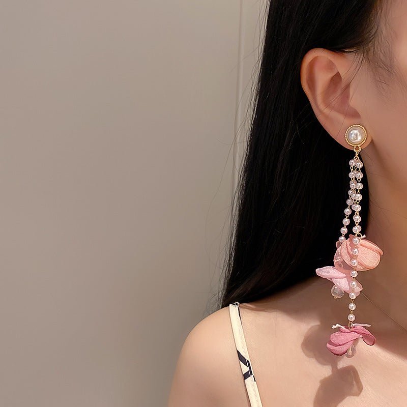 Pearl Flower Earrings Women's Tassel Studs-Jewearrings