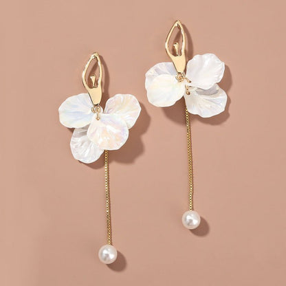 Pearl Flower Tassel Earrings-Jewearrings