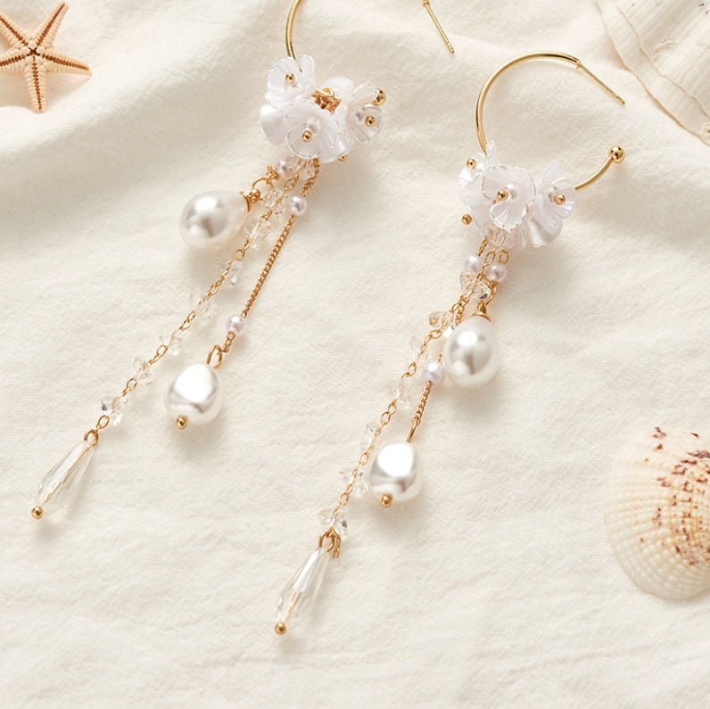 Pearl Flower Tassel Earrings Women-Jewearrings