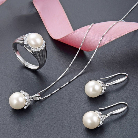 Pearl Jewelry Set S925 Silver Shell Beads Pendant Girls Fashion Zircon Earrings Freshwater Beads Ring Wholesale-Jewearrings