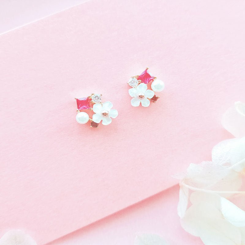 Pearl Shell Gem Necklace Stud Earrings-Jewearrings