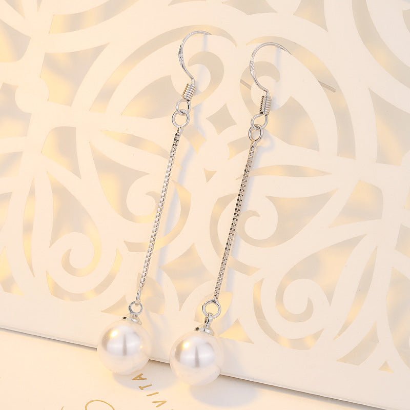 Pearl Shell Pearl Stud Earrings Silver Plated Tassel Jewelry Long Earrings-Jewearrings