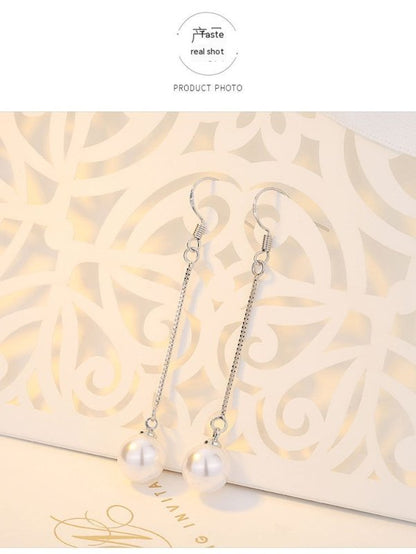 Pearl Shell Pearl Stud Earrings Silver Plated Tassel Jewelry Long Earrings-Jewearrings