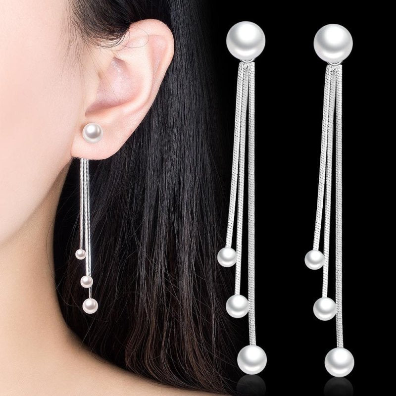 Pearl Silver Plated Exaggerated Fringe Earrings Long-Jewearrings