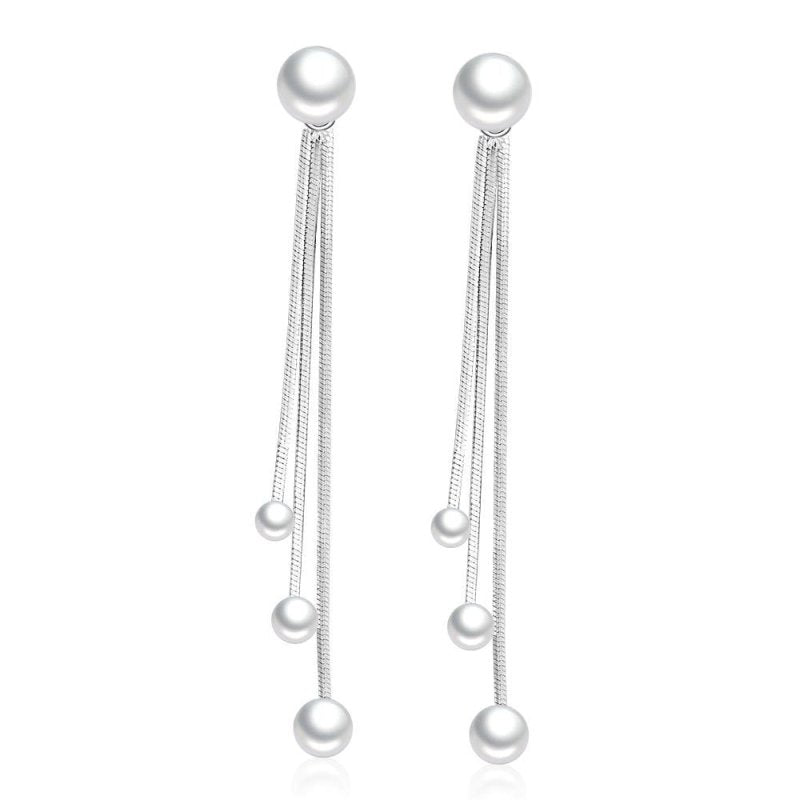 Pearl Silver Plated Exaggerated Fringe Earrings Long-Jewearrings