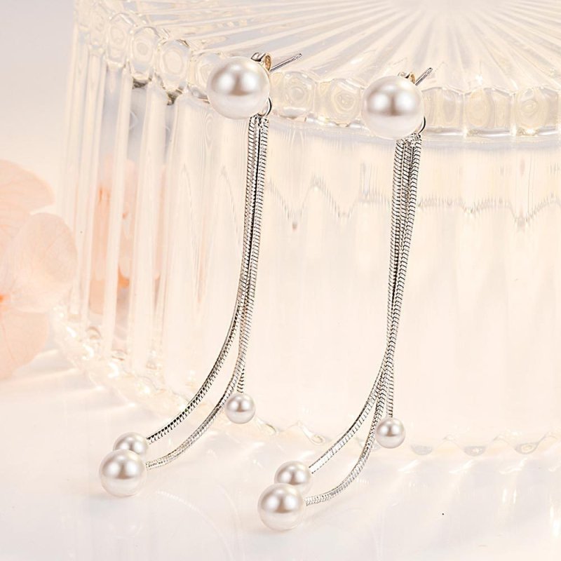 Pearl Silver Plated Exaggerated Fringe Earrings Long-Jewearrings