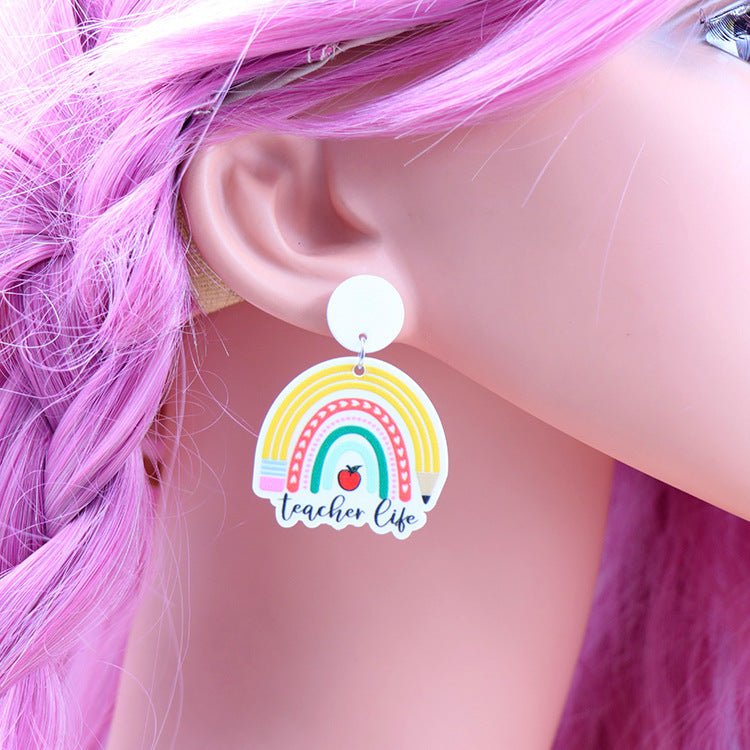 Pencil Rainbow UV Printing Acrylic Female Earrings-Jewearrings