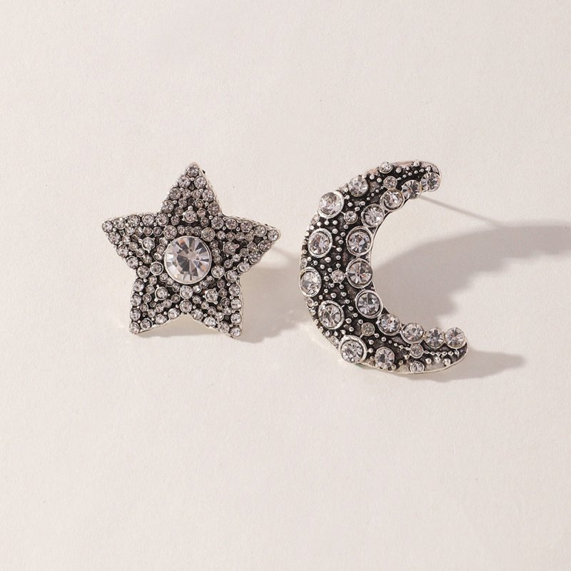 Pentagram And Moon Asymmetrical Diamond Stud Earrings-Jewearrings