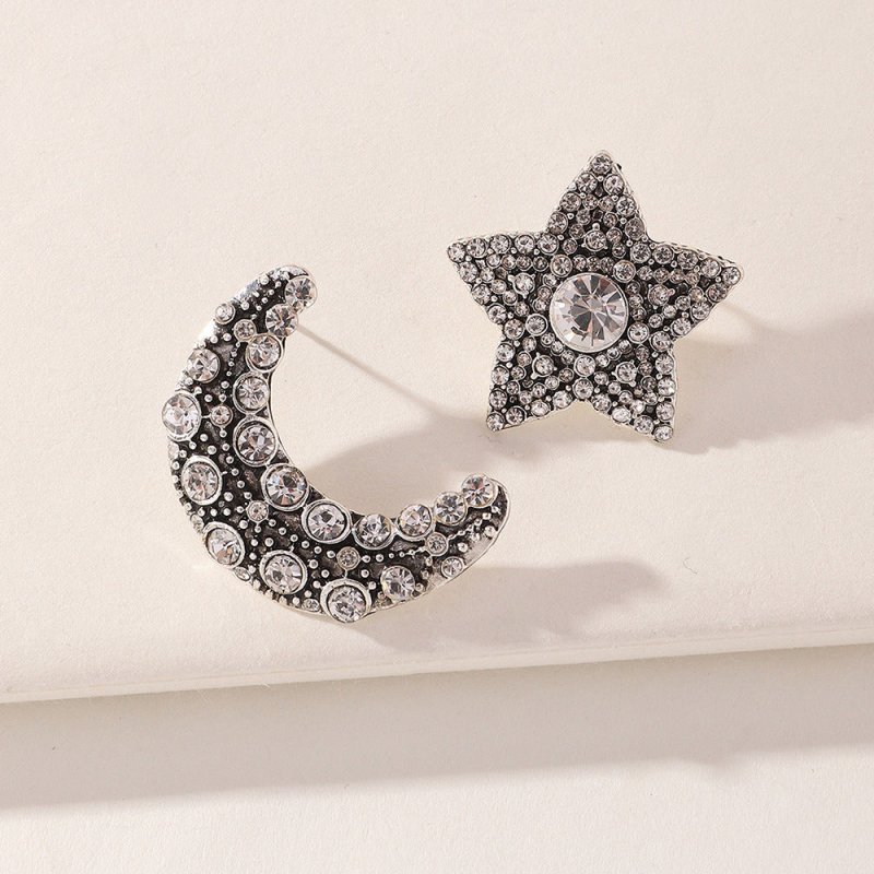 Pentagram And Moon Asymmetrical Diamond Stud Earrings-Jewearrings