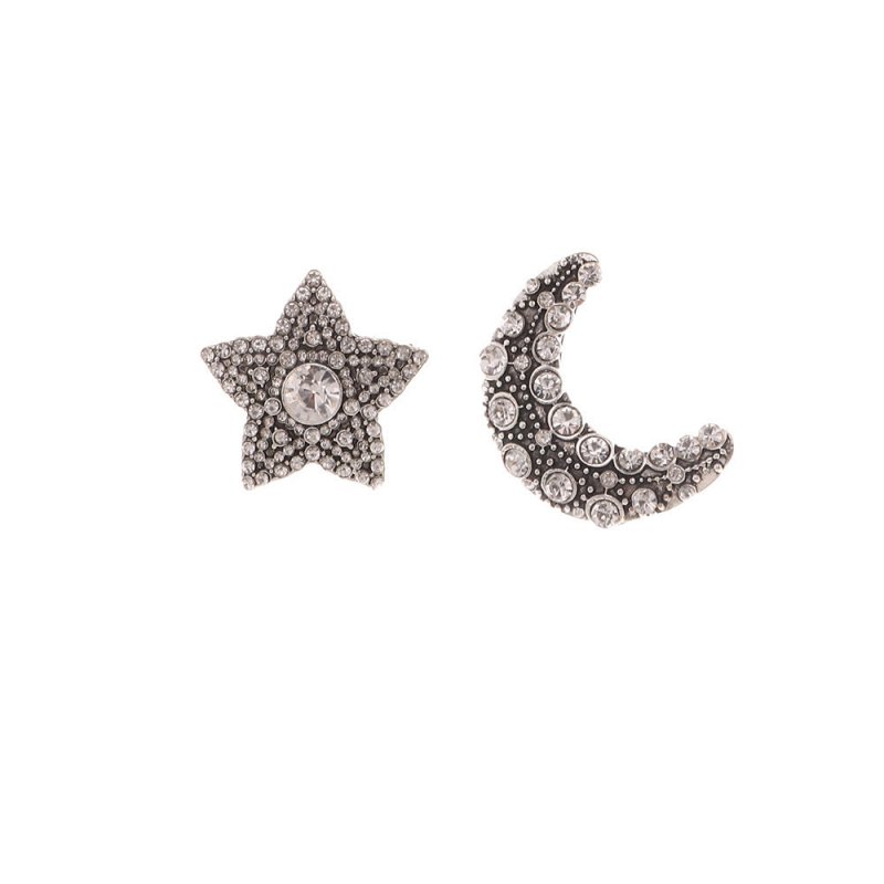 Pentagram And Moon Asymmetrical Diamond Stud Earrings-Jewearrings