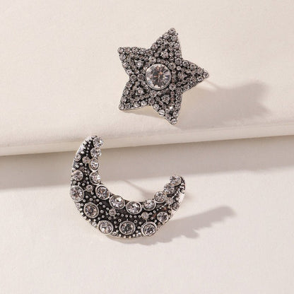 Pentagram And Moon Asymmetrical Diamond Stud Earrings-Jewearrings