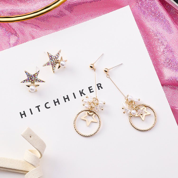 Pentagram Earrings Ring Full Diamond Star Stud Earrings-Jewearrings