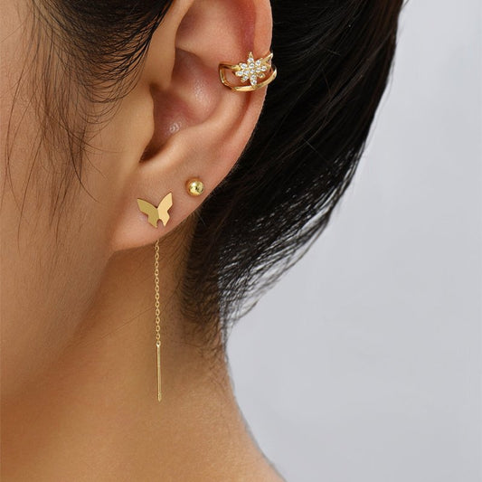 Personality Design Feeling Earrings Inlaid Diamond Awn Star Ear Bone Clip Set Female, Fashion Butterfly Tassel Earrings-Jewearrings