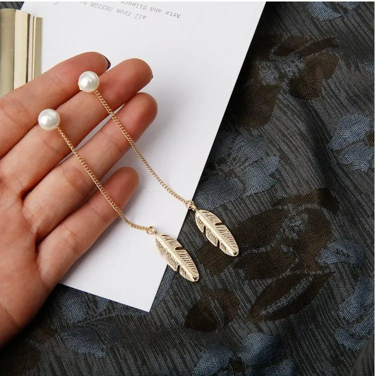 Personality Feather Leaf Pearl Tassel Earrings | Fashion OL-Jewearrings