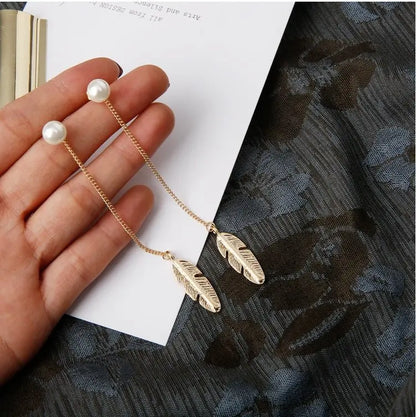 Personality Feather Leaf Pearl Tassel Earrings | Fashion OL-Jewearrings