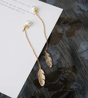 Personality Feather Leaf Pearl Tassel Earrings | Fashion OL-Jewearrings