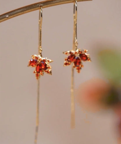 Personality Red Diamond Fashion Leaf Stud Earrings-Jewearrings