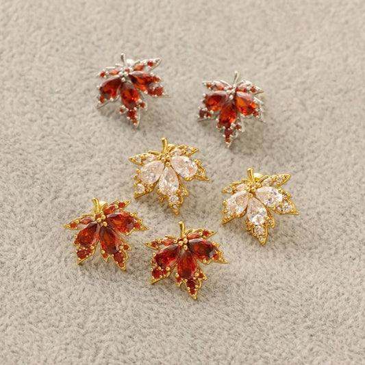 Personality Red Diamond Fashion Leaf Stud Earrings-Jewearrings