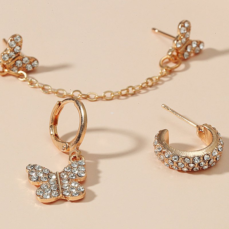 Personalized Diamond-studded Butterfly Chain Metal C-shaped Earrings-Jewearrings