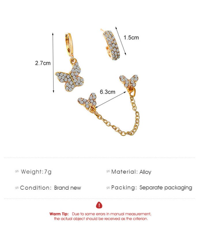 Personalized Diamond-studded Butterfly Chain Metal C-shaped Earrings-Jewearrings