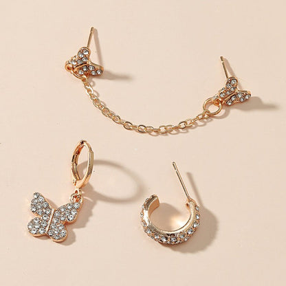 Personalized Diamond-studded Butterfly Chain Metal C-shaped Earrings-Jewearrings