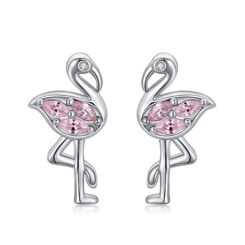 Pink Flamingo CZ Stud Earrings in White Gold Plated Sterling Silver-Jewearrings