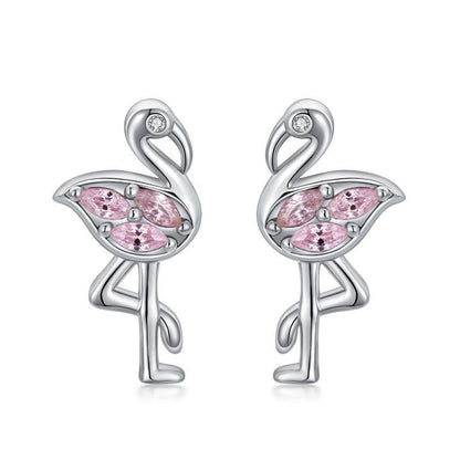 Pink Flamingo CZ Stud Earrings in White Gold Plated Sterling Silver-Jewearrings