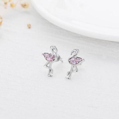 Pink Flamingo CZ Stud Earrings in White Gold Plated Sterling Silver-Jewearrings