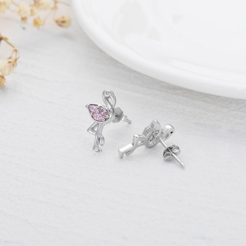 Pink Flamingo CZ Stud Earrings in White Gold Plated Sterling Silver-Jewearrings