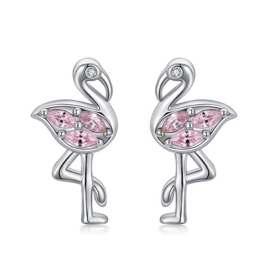 Pink Flamingo CZ Stud Earrings in White Gold Plated Sterling Silver-Jewearrings