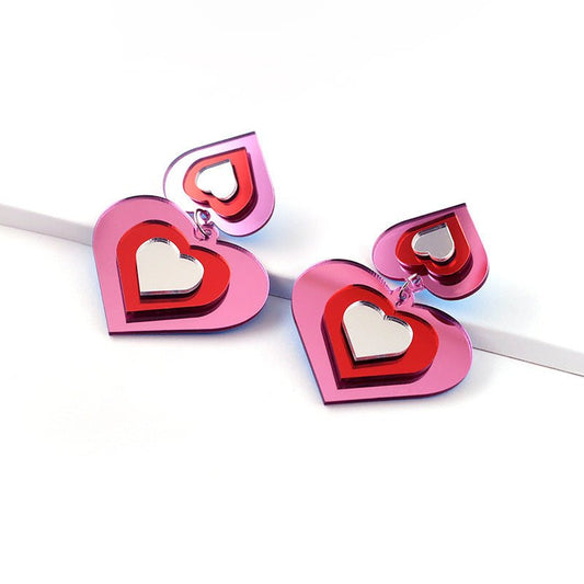 Pink Mirror Peach Heart Love Acrylic Earrings-Jewearrings