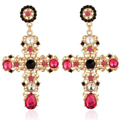 Pop Star Temperament Cross Diamond And Gemstone Earrings-Jewearrings