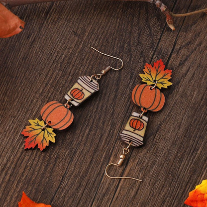 Pumpkin Maple Leaf Coffee Cup Earrings-Jewearrings