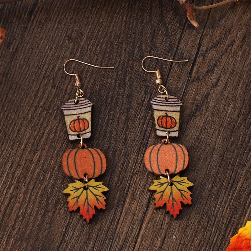 Pumpkin Maple Leaf Coffee Cup Earrings-Jewearrings